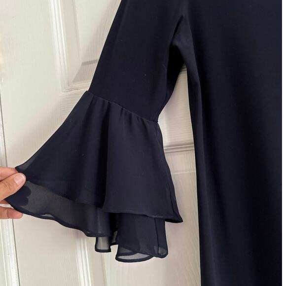 MSK Petite Navy Blue Shift Dress Size MP Ruffled Bell Sleeves V Neck Mini Party - Picture 4 of 7